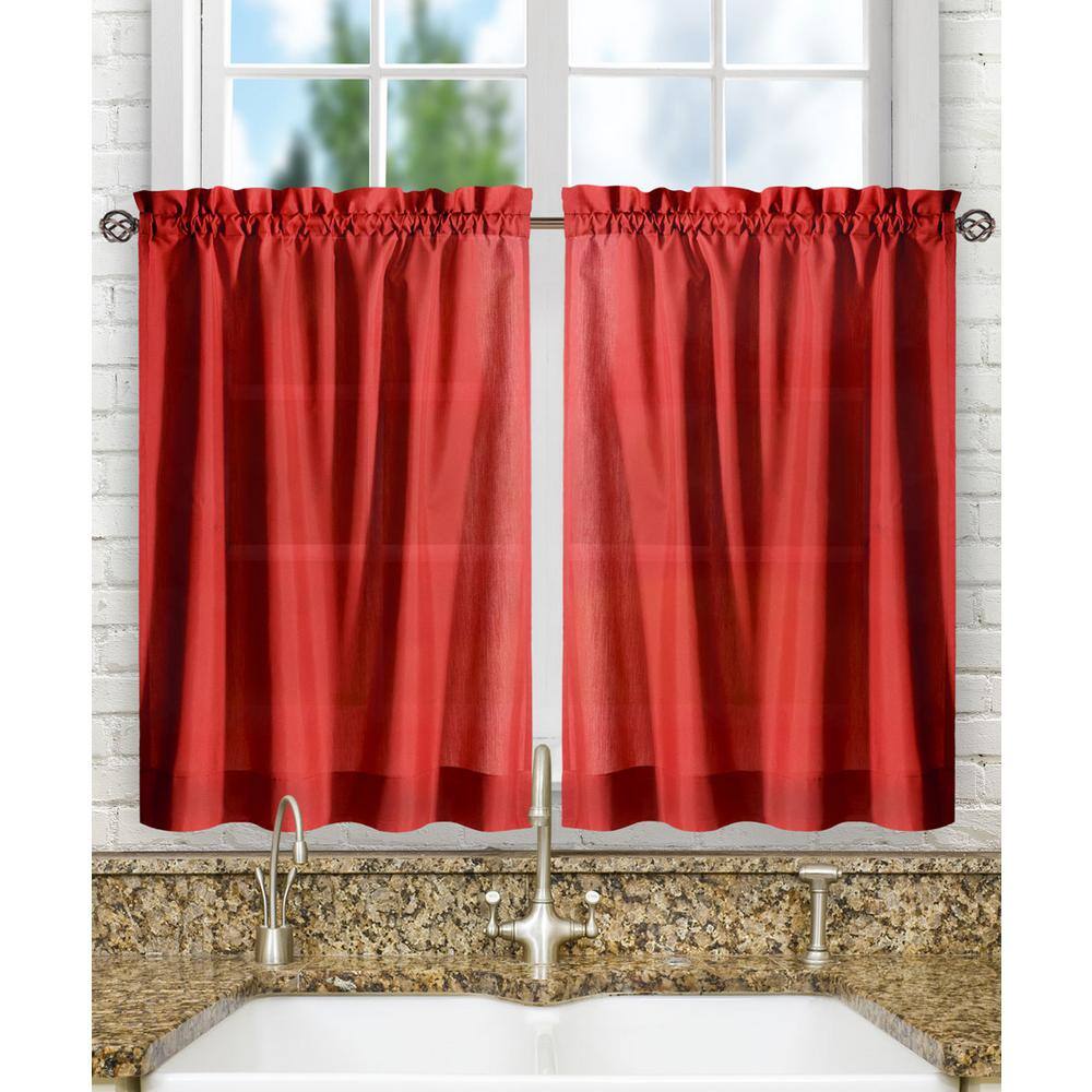 Red Cotton Polyester Sheer Rod Pocket Window Curtains