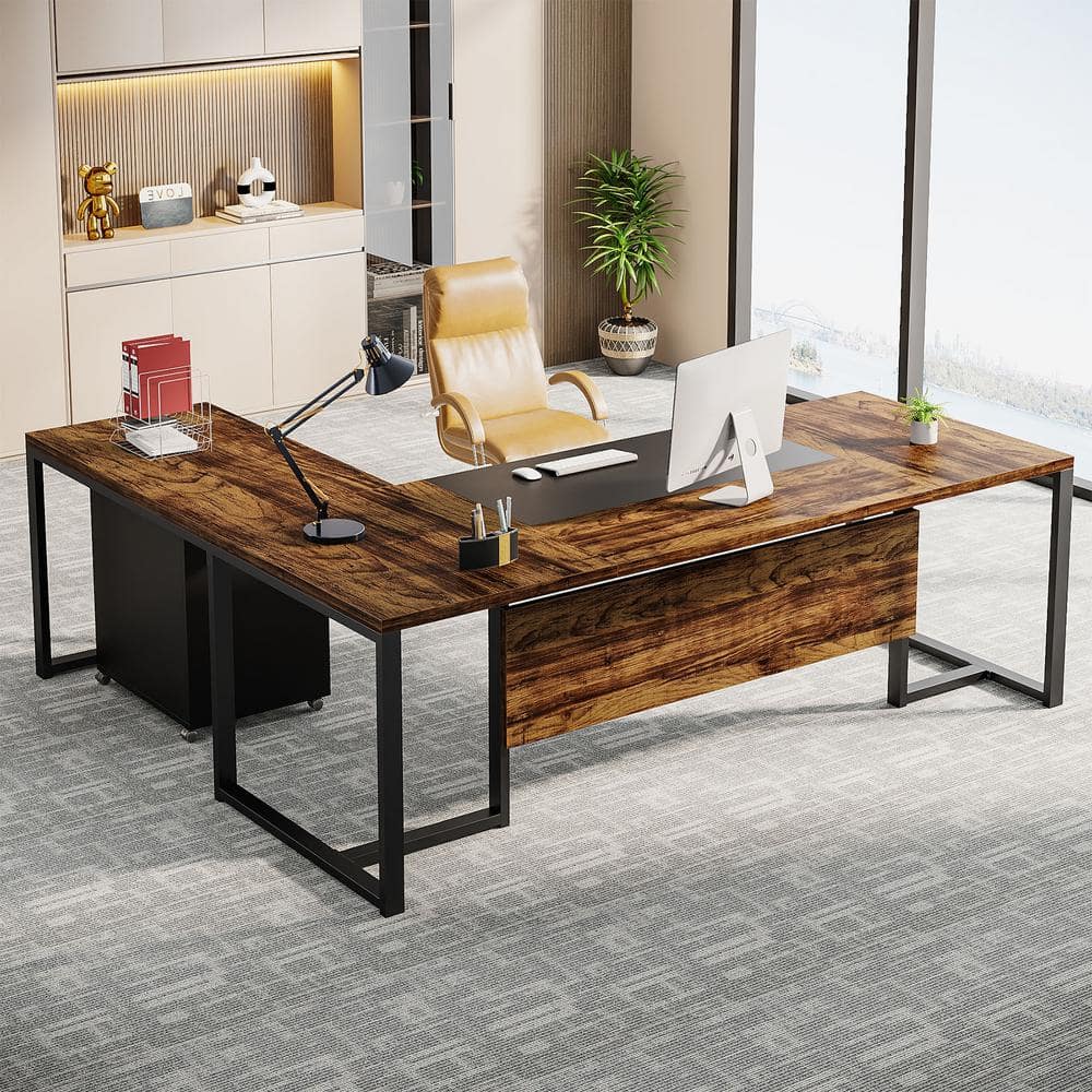 71'' Rustic Brown and Black L-Shaped Desk with Mobile File Cabinet