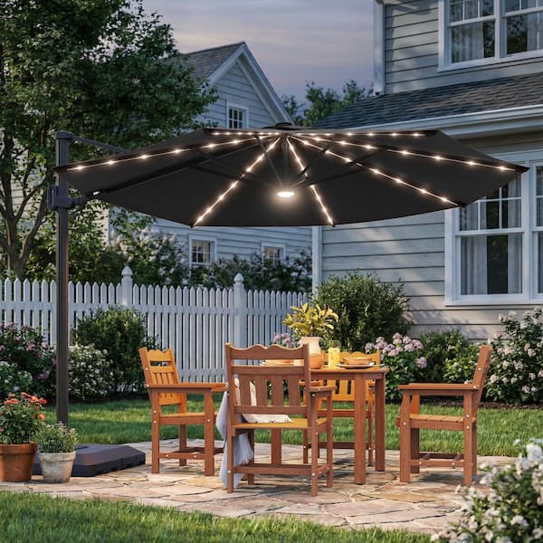 Sonkuki 11 ft. Octagon LED Aluminum Cantilever Patio Umbrella, Foot-controlled 360 rotation with a Base in Black Sonkuki 11 ft. Octagon LED Aluminum Cantilever Patio Umbrella, Foot-controlled 360 rotation with a Base in Black