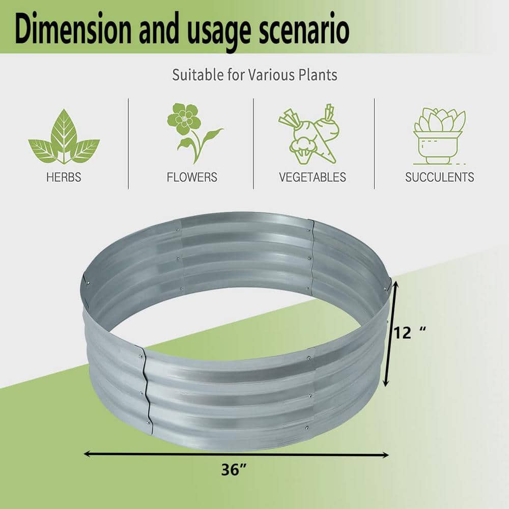 36-inch Silver Galvanized Metal Round Raised Garden Bed Planter