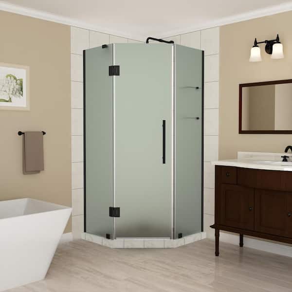 Aston Merrick GS 38 in. to 38.5 in. x 72 in. Frameless Hinged Neo-Angle Shower Door with Glass Shelves with Matte Black