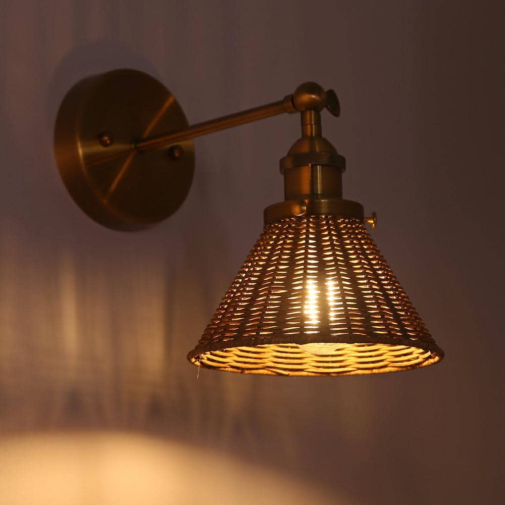 Brass and Rattan Swing Arm Wall Sconce with Woven Shade