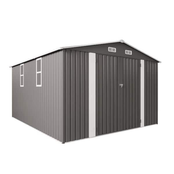 10 ft. W x 12 ft. D Grey Metal Storage Shed with Double Door and Two Window for Backyard, Patio, Garden(120 sq. ft. )