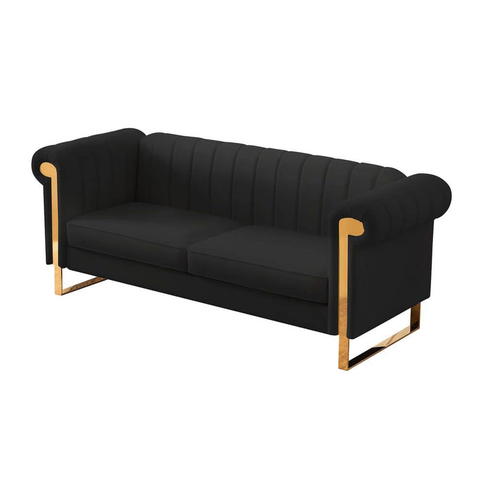 83 in. W Rolled Arm Velvet Straight Halloween Sofa Couch with Gold Stainless Steel Arm and Legs in Black