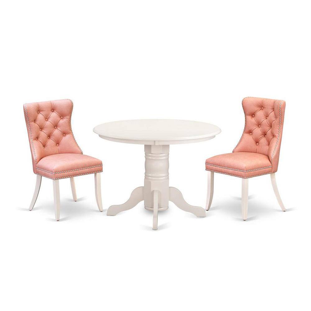 Linen White Round Rubberwood Dining Table Set with Beige Red Faux Leather Chairs