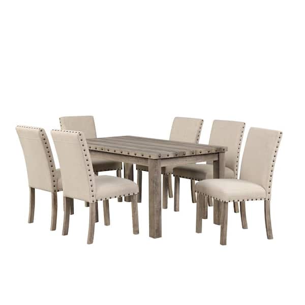 Morden Fort 7-Pieces Rectangular Wood Tone Wooden Top Dining Table Set 6 Seats