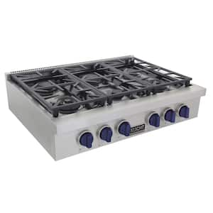 Professional 36 in. Natural Gas Range Top in Stainless Steel and Royal Blue Knobs with 6 Burners