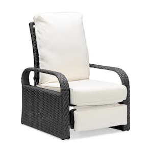 Gray Wicker Outdoor Lounge Chair with Armrests and Cushion in Beige