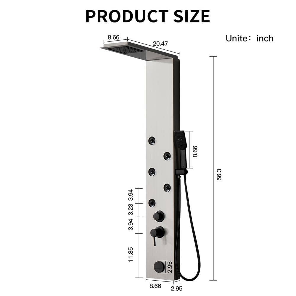 Brushed Nickel 4-Jet Rainfall Shower Panel System with Handheld Wand