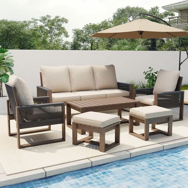 INMITOM 6-Piece Canadian Hemlock Wood Outdoor Conversation Set with Ottomans Beige Cushion