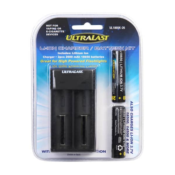 ULTRALAST GREEN 2-Bay 18650 Lithium Ion Size Battery Charger with 2-18650 Batteries Included