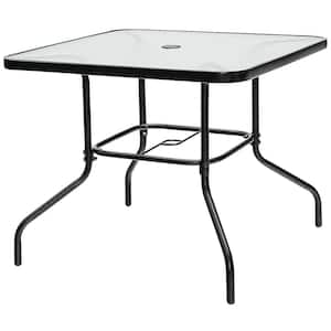 35 in. Black Metal Outdoor Dining Table with 1.65 in. Umbrella Hole and Tempered Glass Tabletop