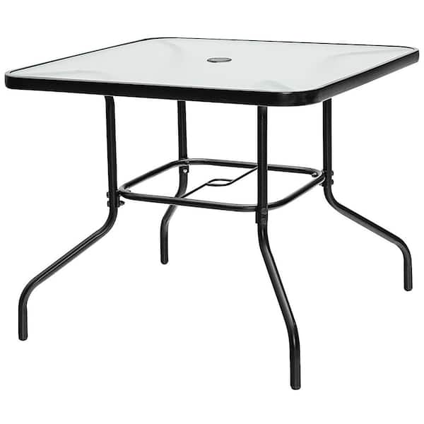 35 in. Black Metal Outdoor Dining Table with 1.65 in. Umbrella Hole and Tempered Glass Tabletop