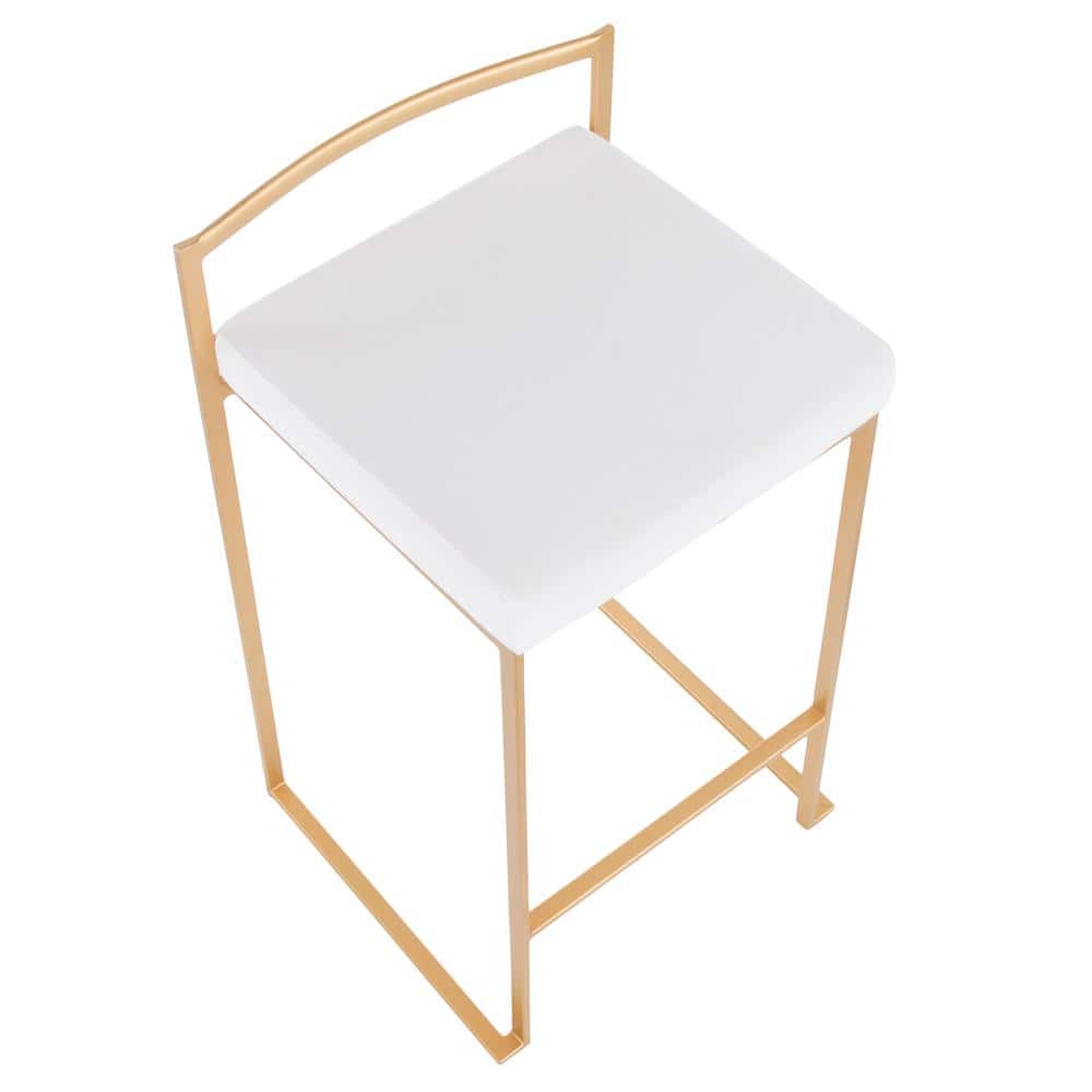 Gold Metal Bar Stools with White Velvet Cushions, Set of 2