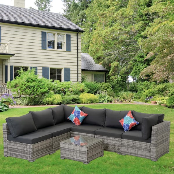 JUSKYS Gray Wicker 7-Piece Outdoor Patio Sectional Sofa,All-Weather PE Rattan Conversation Set w/Gray Cushions and Coffee Table