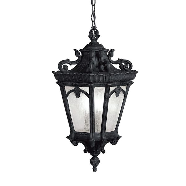Tournai 3-Light Textured Black Outdoor Porch Hanging Pendant Light with Clear Seeded Glass (1-Pack)