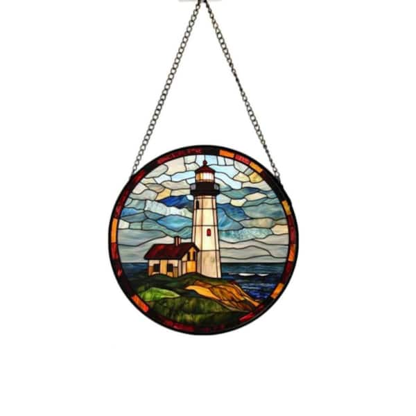 7.8 in. Ocean Lighthouse Stained Glass Window Panel