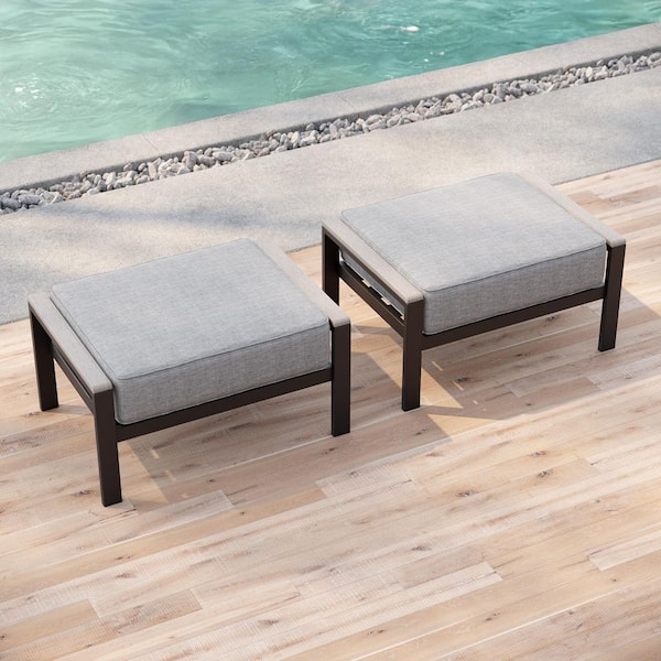 Gray Wicker Outdoor Ottoman with Solution-Dyed Fabric Linen Grey Cushion 2-Pack