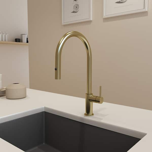 BOCCHI Baveno Duo Single Handle Pull Down Sprayer Kitchen Faucet in Brushed Gold