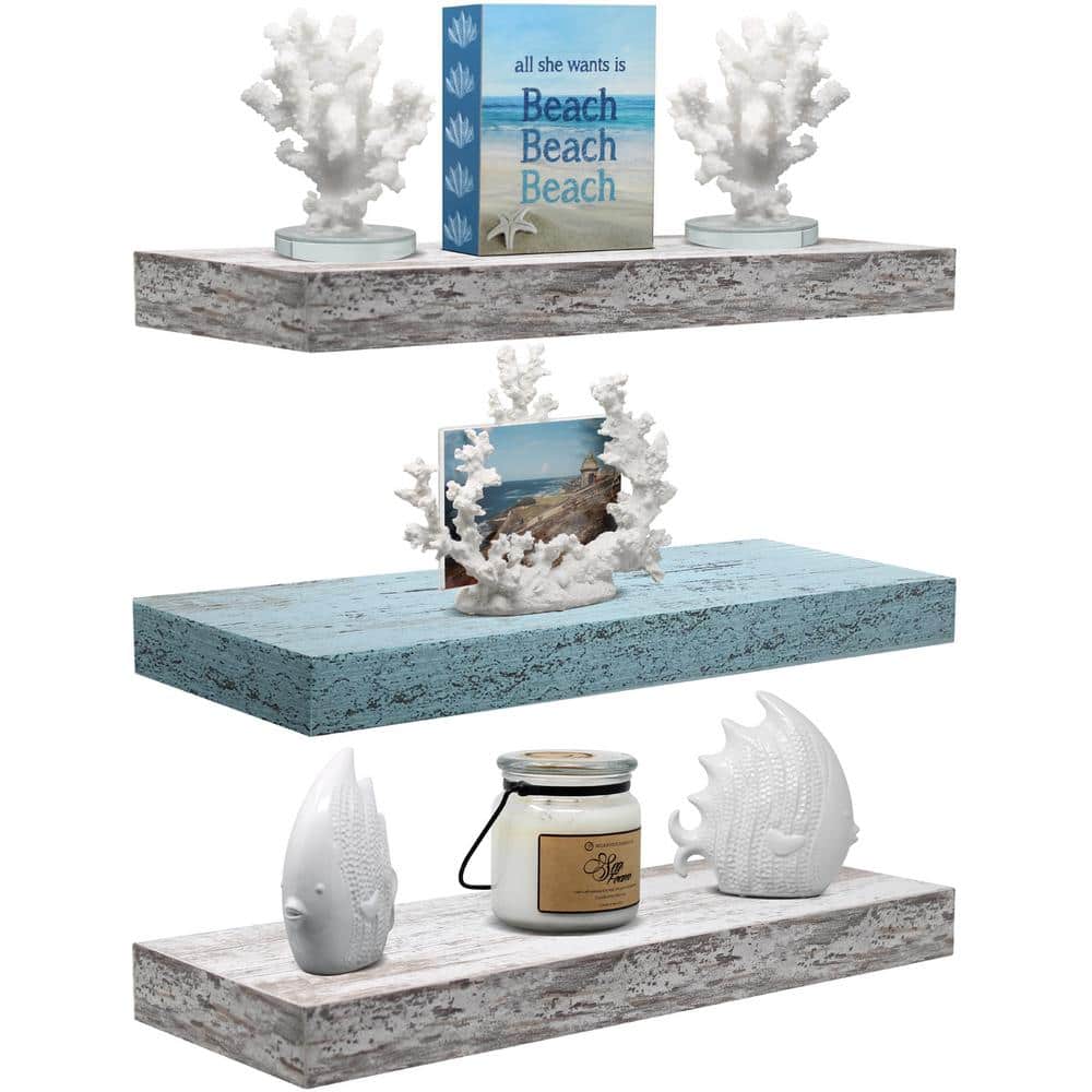 Coastal Breeze Blue and White Floating Wall Shelves, Set of 3