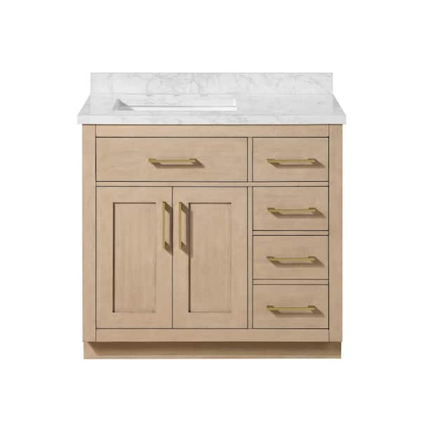 Athea 36 in. Freestanding Sahara Birch Bath Vanity with White Engineered Marble Top, Power Bar and Brushed Gold Hardware