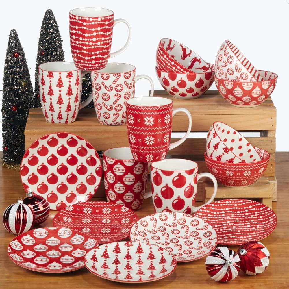 Set of 6 Red and White Ceramic Christmas Mugs