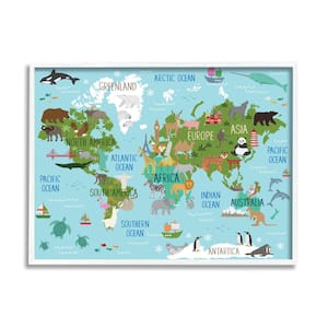 Kid's Animal World Map Regional Wildlife By Lisa Whitebutton Framed Print Animal Texturized Art 11 in. x 14 in.