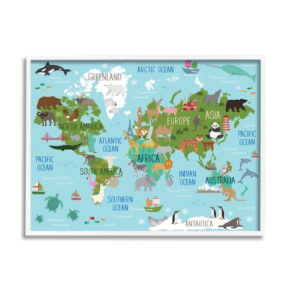 Stupell Industries Kid's Animal World Map Regional Wildlife By Lisa Whitebutton Framed Print Animal Texturized Art 16 in. x 20 in.