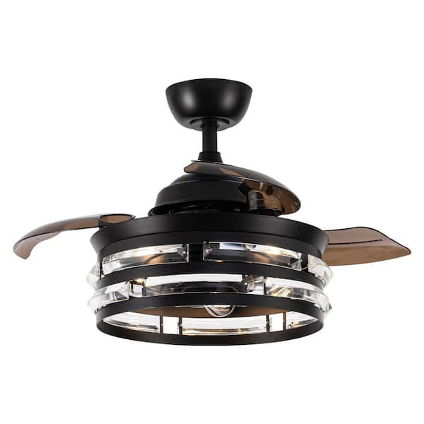 Parrot Uncle 36 in. Matte Black Retractable 3-Blade Crystal Chandelier Ceiling Fan with Remote Control and Light Kit