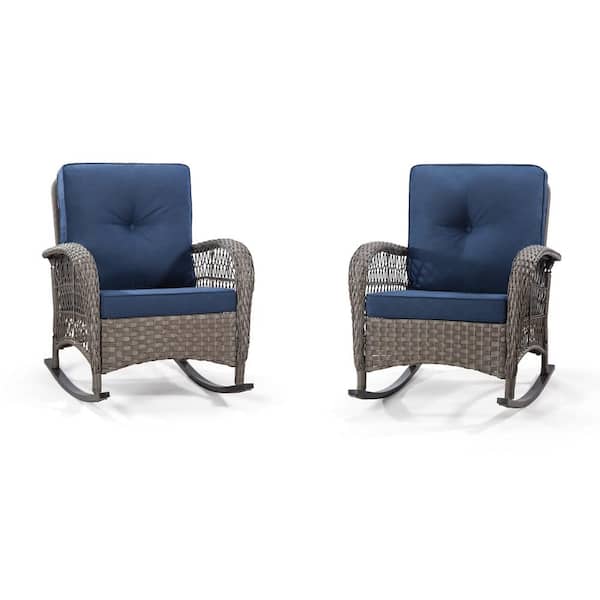 Zeus & Ruta Brown Outdoor Wicker Patio Chairs with Blue Cushions for Porch Deck Garden Backyard (Set of 2)
