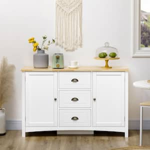 White Wood Pantry Organizer, Buffet Cabinet with Rubber Wood Top, Drawers, Adjustable Shelves