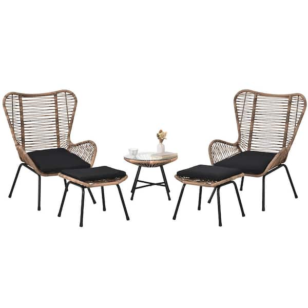HOTEBIKE 5-Piece PE Wicker Rattan Conversation Set, Arm Chairs w/Tea Table and Stools for Balcony, Natural Rattan Plus Dark Gray