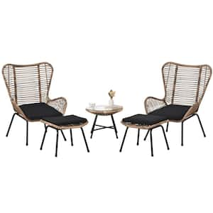 5-Piece PE Wicker Rattan Conversation Set, Arm Chairs w/Tea Table and Stools for Balcony, Natural Rattan Plus Dark Gray