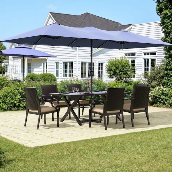 Halmuz 8-Piece Metal Patio Outdoor Dining Set with 6 Back-Woven Chairs, Rectangular Table, Umbrella and Sand Cushions, Garden