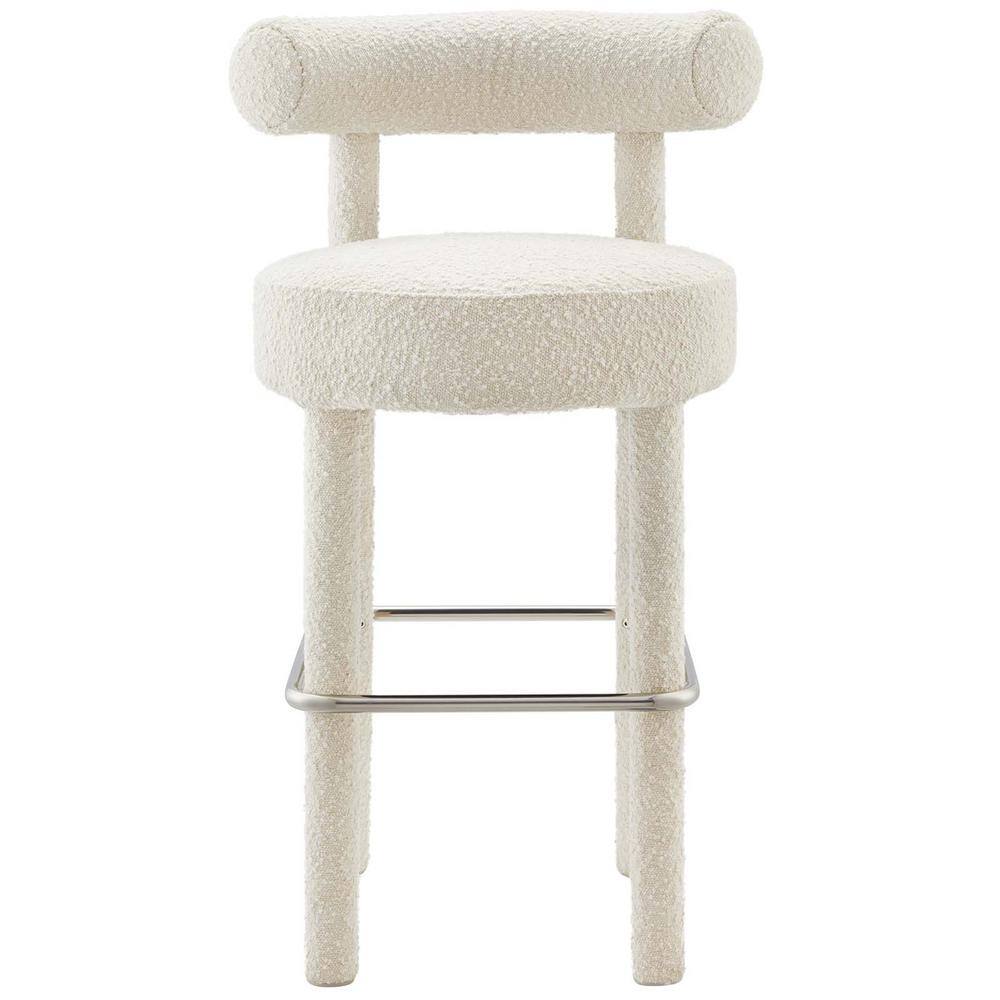 Ivory Boucle Fabric Bar Stool with Metal Stretcher, 30" Seat Height