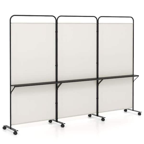 Costway 74 in. Tall White 3-Panel Room Divider with Storage Shelves Folding Privacy Screen on Wheels