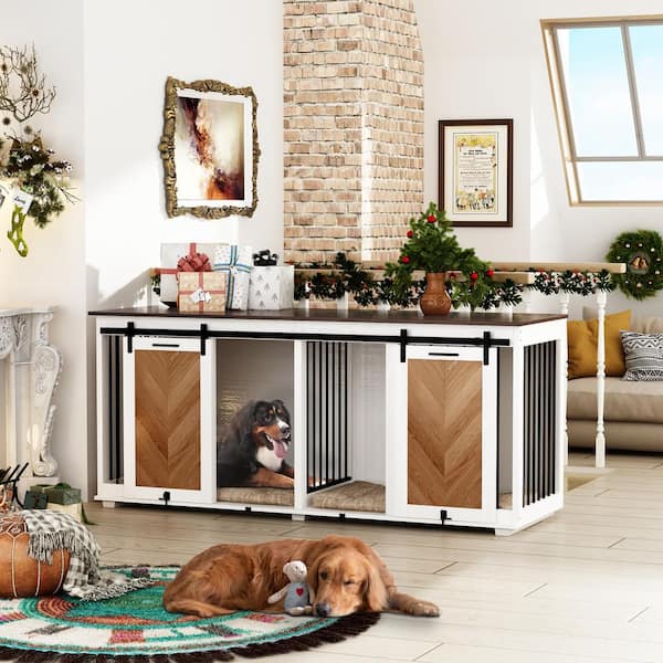 71 Inch Wood Dog Kennel, Dog Crate Furniture, Dog Crate End Table with  Double Doors, Divider, TV Cansole Table, Indoor Dog Cage for Large Dog or 2