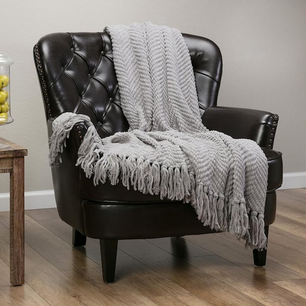 CHANASYA Textured Knit Silver Acrylic Polyester Throw Blanket with Tassels - 50 in. x 65 in.