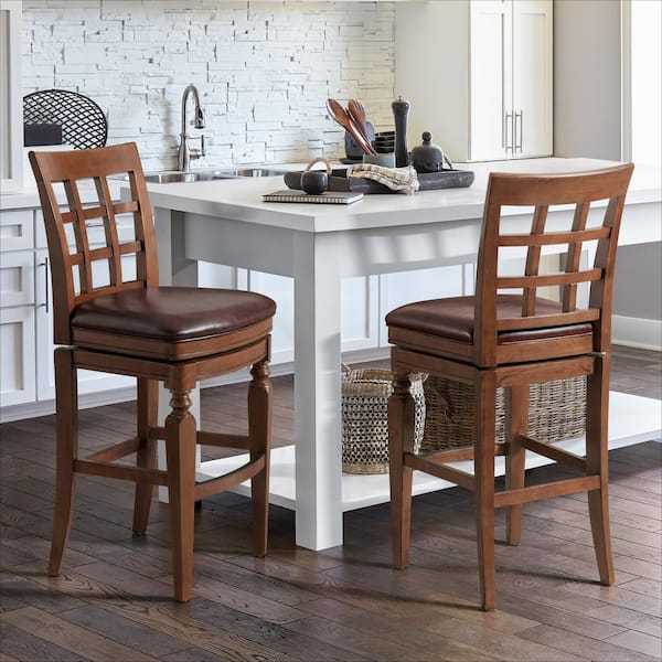 Napa Set of 2 Brown Bar Height Stools with Back, 46 in. Solid Wood Bar Stools with Footrest for Kitchen Counters