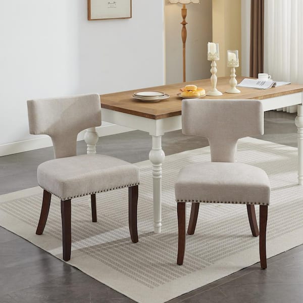 Persa Beige Modern Upholstered Dining Chairs with Copper Studs, Rubberwood Frame, (Set of 2)