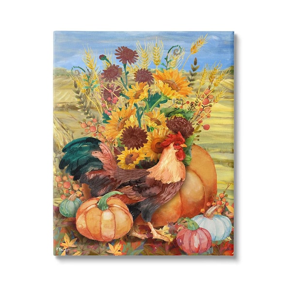 Stupell Industries Autumnal Rooster and Sunflowers byPaul Brent 1 Piece Unframed Graphic Print Animal Poster Art Print 30 in. x 24 in.