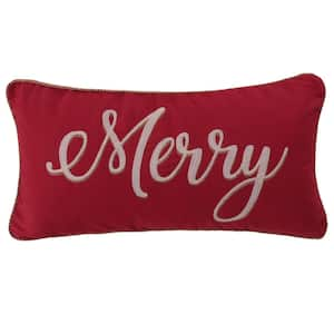 Yuletide Red White Gold Embroidered "Merry" 12 in. x 24 in. Throw Pillow