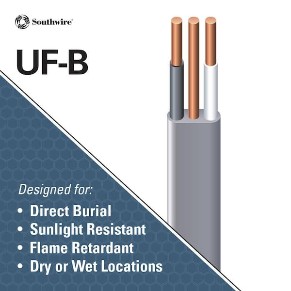 Southwire UF-B Cable 500 ft 10/2-Guage Dry/Wet Pre-Cut Length Solid Copper Gray 