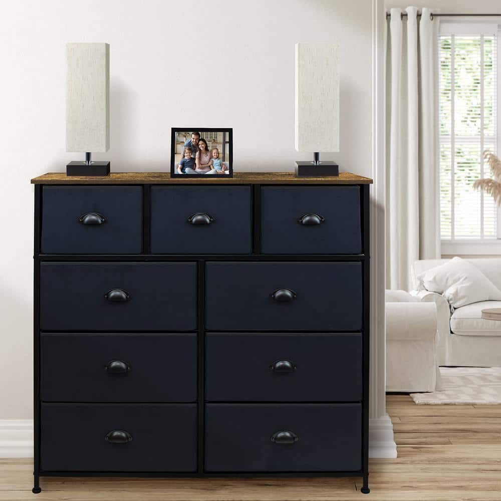 Sorbus Rustic Farmhouse Black 9-Drawer Dresser with Wood Top