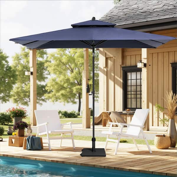 9 ft. x 5 ft. Aluminum Double Top Market Crank and Tilt Patio Umbrella in Navy Blue, 45 lbs. Cement Umbrella Base