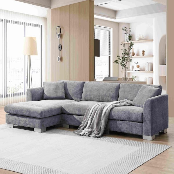 96 in. Square Arm Chenille Sectional Sofa with 2-Free Pillows in Gray