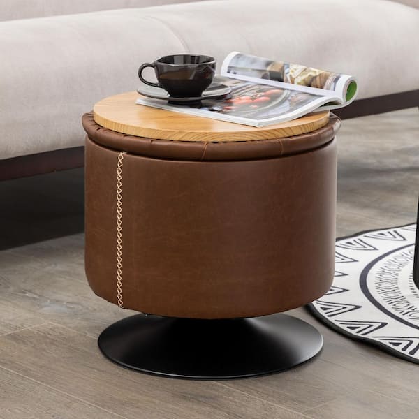LUE BONA 16.5 in. W Faux Leather Swivel Round Tufted Ottoman with Storage