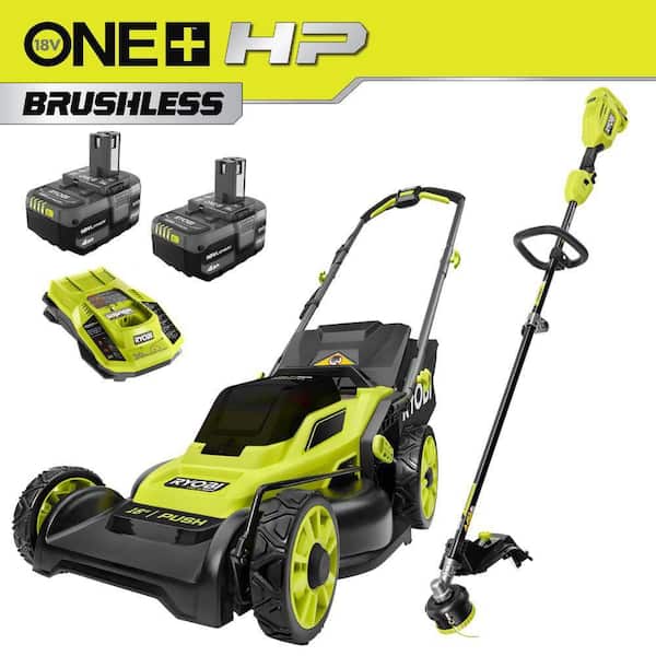 ONE+ HP 18V Brushless 16" Cordless Battery Walk Behind Push Mower w/ String Trimmer, (2) 4.0 Ah Batteries & (1) Charger