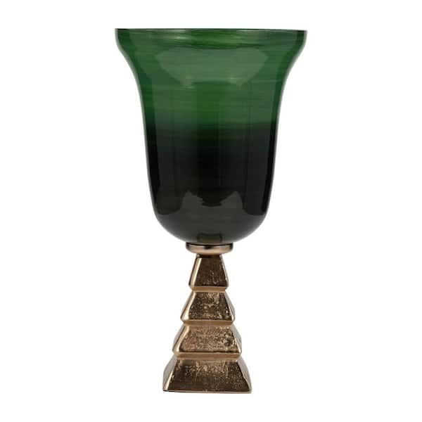 19 in. Green Glass Trumpet 5th Ave Decorative Vase with Metal Stand