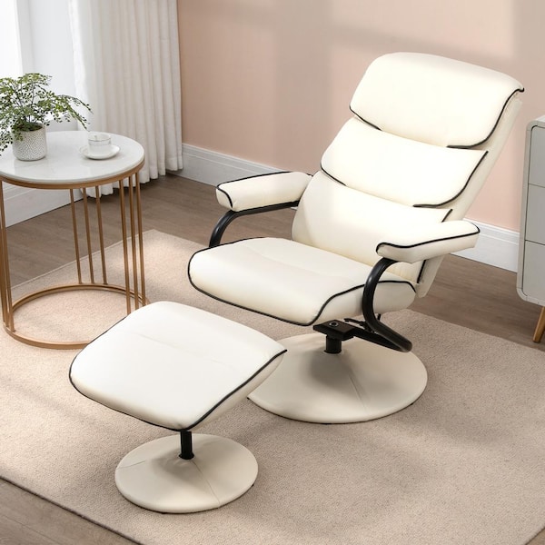 HOMCOM Cream White Leather Recliner Chair with Ottoman